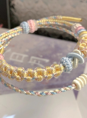 双层桃花双联结手绳女手工编织红绳手链可穿珠黄金路路通转运珠男