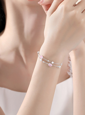 s925纯银粉色猫爪手链女小清新森系双层盒子链少女心圆珠手饰送礼