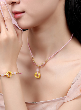 原创荷花锦鲤手绳复古国风古法金平安扣串珠手链纯银小众新年手串