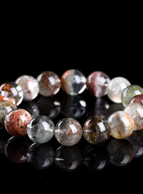 久雅水晶 天然7A级四季幽灵聚宝盆圆珠手链 老矿彩幽灵散珠手串