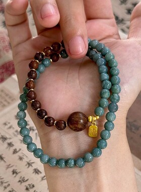 五行手串补木水蓝玉髓檀木手串多圈女款缺水缺木贵招财小众蓝翡翠