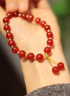 直播爆款天然8MM红玛瑙手链女好事成双流苏款编织玉髓玛瑙手串