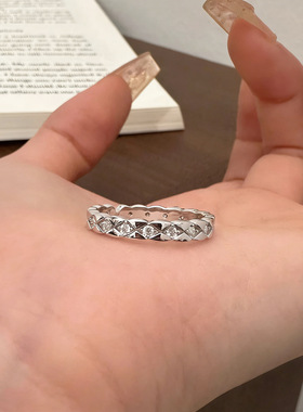 925纯银菱格纹满钻戒指复古轻奢小香风百搭叠戴微镶指环批发跨境