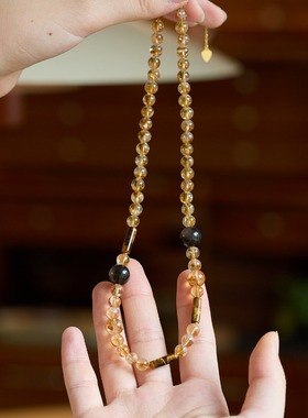 天然6MM黄水晶项链美拉德虎眼石金霸项链秋冬时尚百搭毛衣链批发