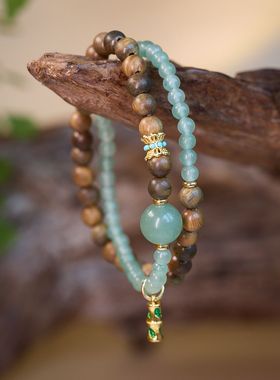 天然绿檀手链绿东陵节节高升双圈手串新中式叠戴双圈水晶手串批发