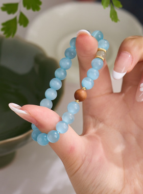 寺庙同款冰川蓝猫眼石手链蓝色猫眼石奶香芭比檀木高级感手串批发