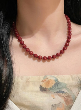 天然原矿高含量紫金砂珍珠结项链本命年项链朱砂锁骨链送妈妈礼物