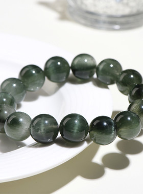 久雅水晶 天然猫眼绿发晶圆珠手串 老矿绿色猫眼顺发绿发晶手链
