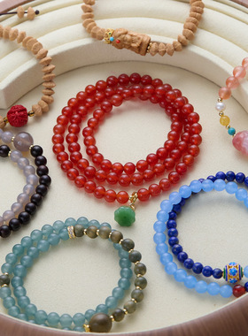 安徽九华 金叶莲花菩提手串男女款旅游多宝绿檀蓝水玉髓玛瑙手链