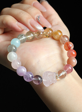 马粉醒狮貔貅小熊多宝水晶串珠手链女时尚高级感海蓝宝紫水晶手串