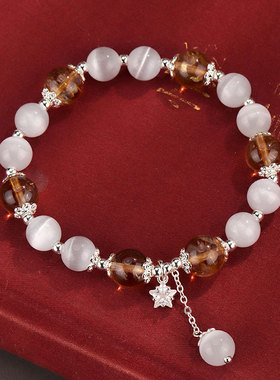 新中式红玛瑙猫眼石串珠手链女小众高级感紫水晶海蓝宝手串批发