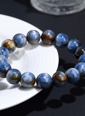 久雅水晶 天然老矿共生蓝晶石圆珠手链 猫眼拉丝蓝晶石手串 批发
