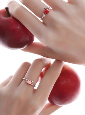 是苹果切片戒指女小众设计可爱甜酷风卡通指环咬一口红苹果开口戒