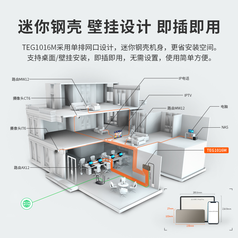 腾达5口8口16口千兆交换机 迷你铁壳端口防雷 企业级工业分线器家用无线网络路由器wifi交换器网线 TEG1016M - 图2