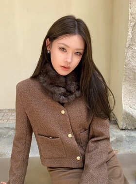 新款仿紫貂色软糯兔毛围脖女秋冬百搭磁吸扣三排真毛保暖围巾毛领