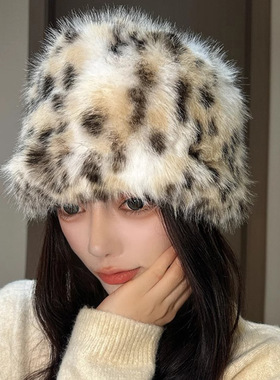 韩版豹纹毛绒秋冬显脸小护耳帽保暖仿皮草帽子盆帽水桶帽冬季保暖