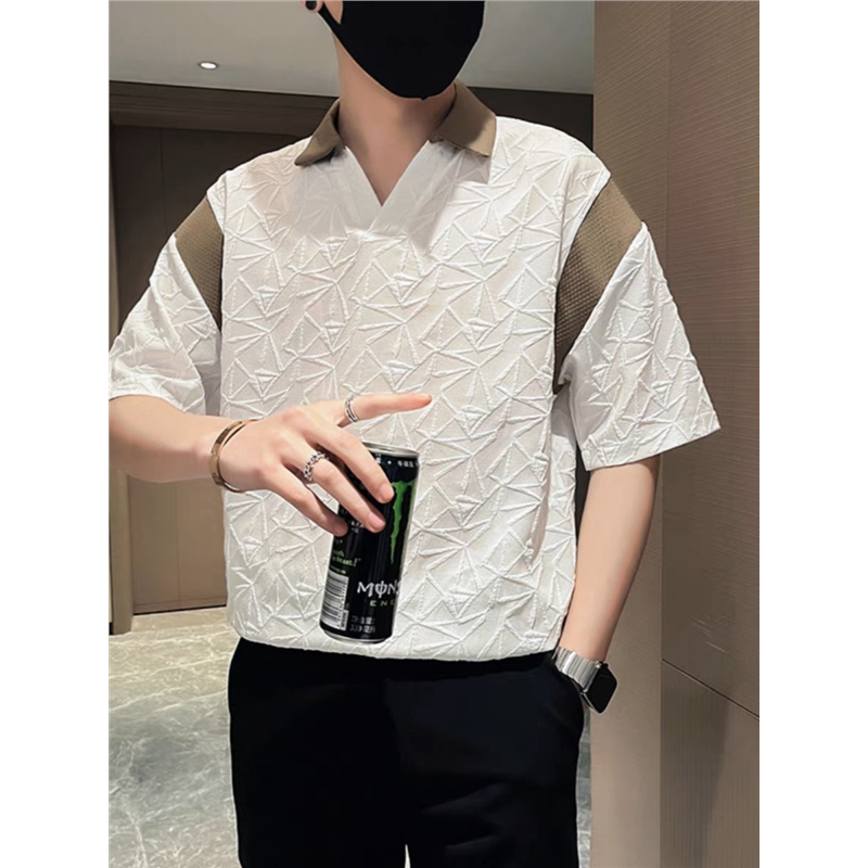 翻领痞帅polo男款短袖薄款衫潮牌半袖男士v撞色上衣夏季高级感T恤 - 图1