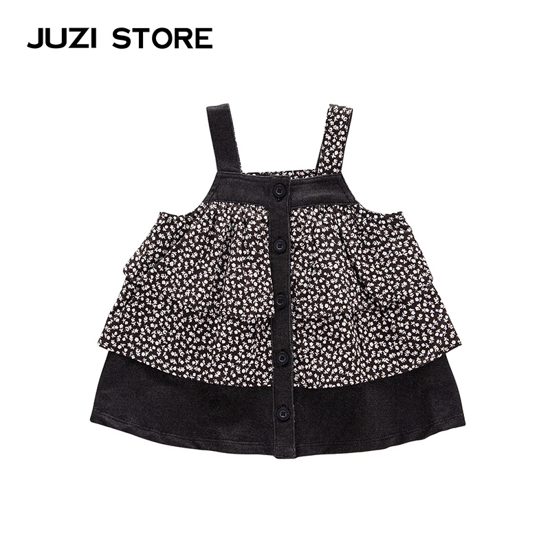 JUZI STORE童裝碎花牛仔拼接裝飾吊帶上衣女童1626802