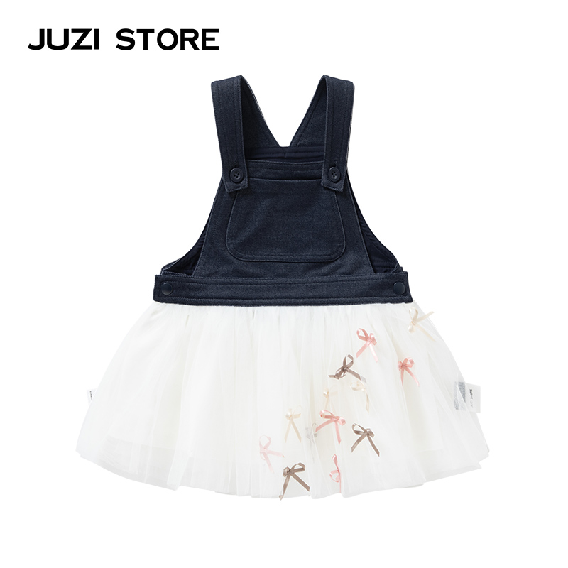 JUZI STORE童装针织牛仔网纱蝴蝶结装饰背带裙连衣裙女童1936835