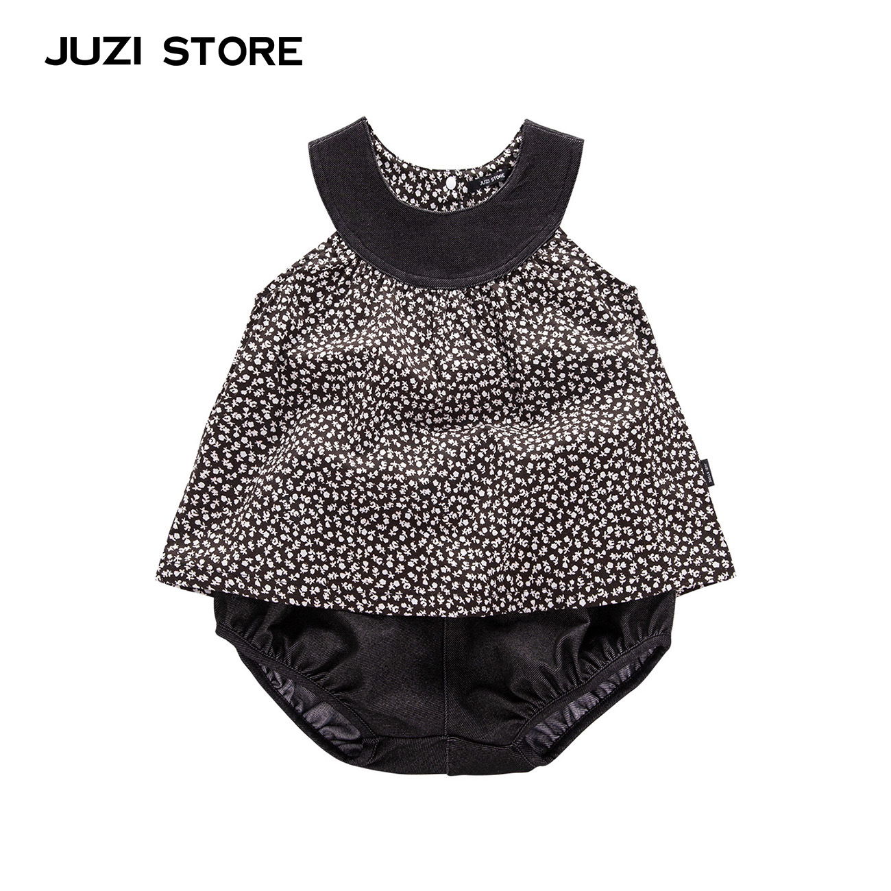 JUZI STORE童裝碎花牛仔拼接無袖上衣短褲套裝女童1626710