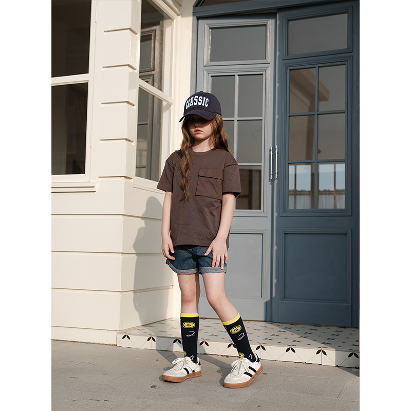 PISELLI史豌豆女童2025夏季新款口袋短袖t恤儿童纯色休闲圆领上衣,淘宝优惠券,粉丝福利购,淘宝优惠卷