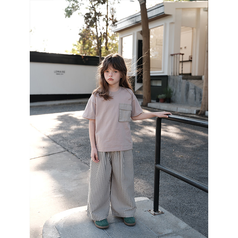 PISELLI史豌豆女童2025夏季新款口袋短袖t恤儿童纯色休闲圆领上衣,淘宝优惠券,粉丝福利购,淘宝优惠卷