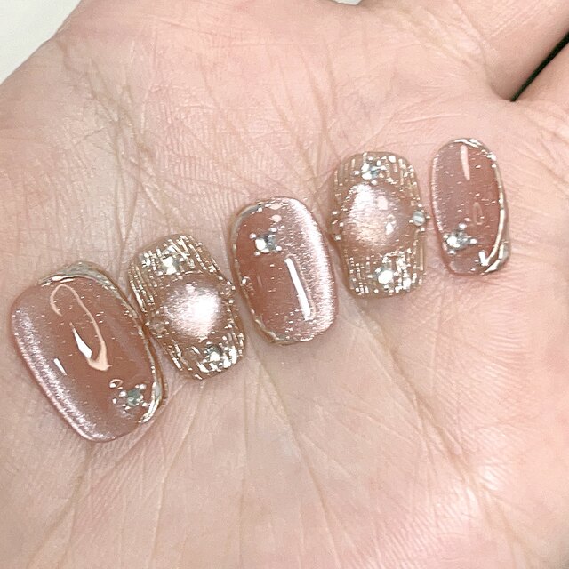 【A粉黛疏影】10片手工定制 粉色猫眼魔镜穿戴甲美甲贴片成品