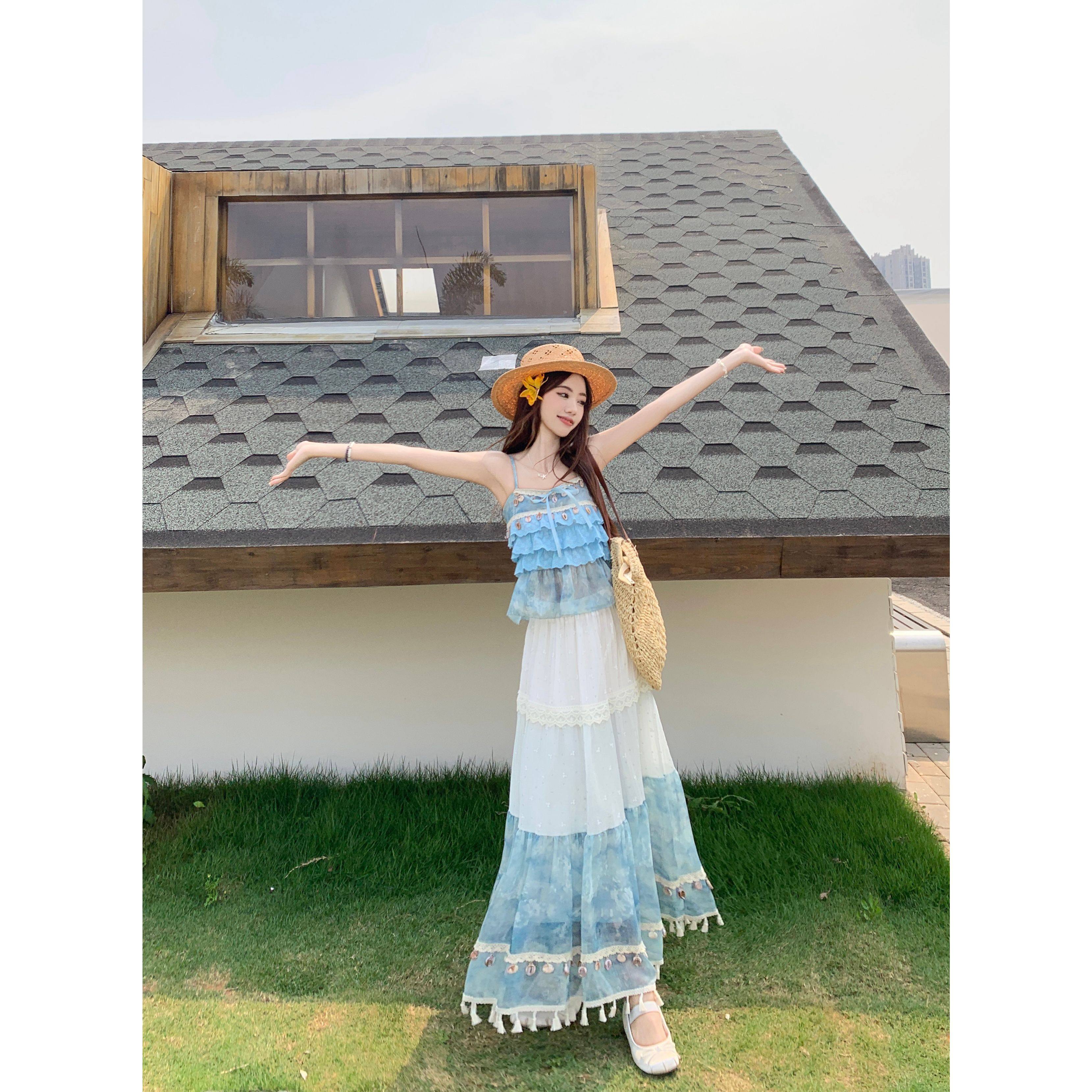 波西米亚民族风蕾丝蝴蝶结系带吊带上衣+晕染拼色花边半身裙仙,淘宝优惠券,粉丝福利购,淘宝优惠卷