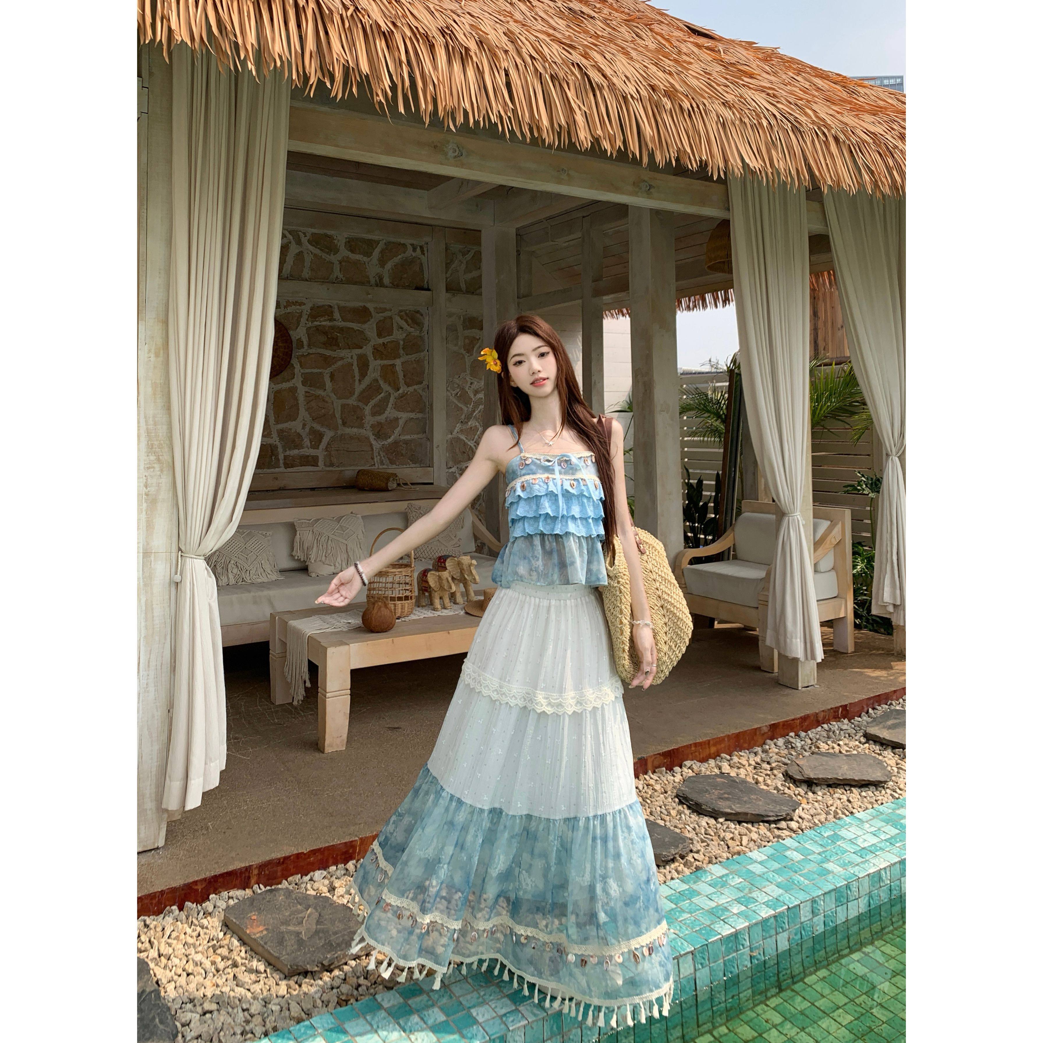 波西米亚民族风蕾丝蝴蝶结系带吊带上衣+晕染拼色花边半身裙仙,淘宝优惠券,粉丝福利购,淘宝优惠卷