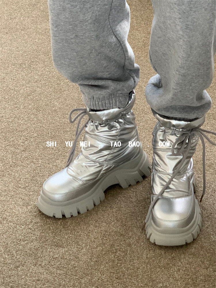 饰与美韩国东大门冬季新款圆头厚底雨伞布防水加绒保暖银色雪地靴,淘宝优惠券,粉丝福利购,淘宝优惠卷