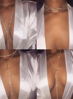 欧美速卖通外贸饰品 简约时尚百搭镶钻长版颈炼 炼  自由调节项炼