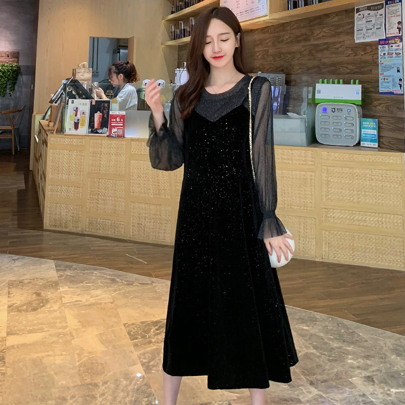 孕妇装秋装新款孕妇过膝黑色连衣裙 月朵连衣裙