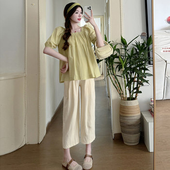 ຊຸດແມ່ມານ Summer Fashionable Korean Maternity Short Sleeve Top Casual Pants Outerwear Pregnancy two-piece Set for Women