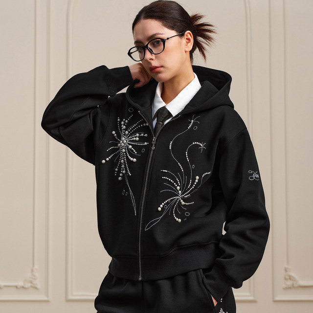 YADcrew fireworks pearl embroidered cardigan hooded sweatshirt for men and women loose casual zipper jacket trendy cool hoodie