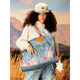 YADcrew sunset lace digital 3D printed simulated denim fun placket open stitching large tote bag