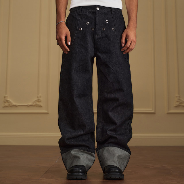 YADcrew folded hems triangle air-eye jeans ສີຕົ້ນຕໍສໍາລັບຜູ້ຊາຍແລະແມ່ຍິງວ່າງຂາຊື່ distressed ຂາກ້ວາງແບບອາເມລິກາ
