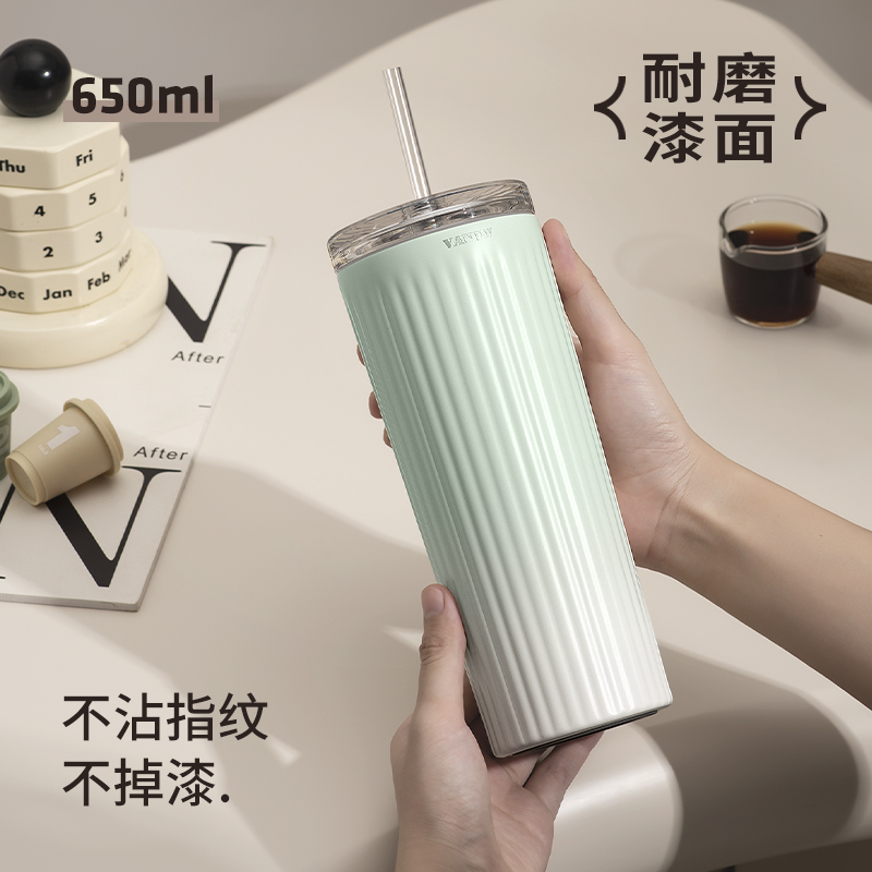Vanow吸管保温杯女生高颜值陶瓷内胆水杯子大容量2025新款咖啡杯 - 图2