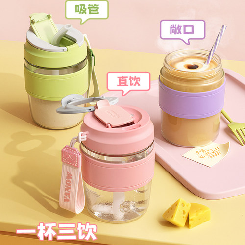 Vanow玻璃杯新款女生夏季带吸管便携大容量泡茶高颜值咖啡水杯子 - 图0