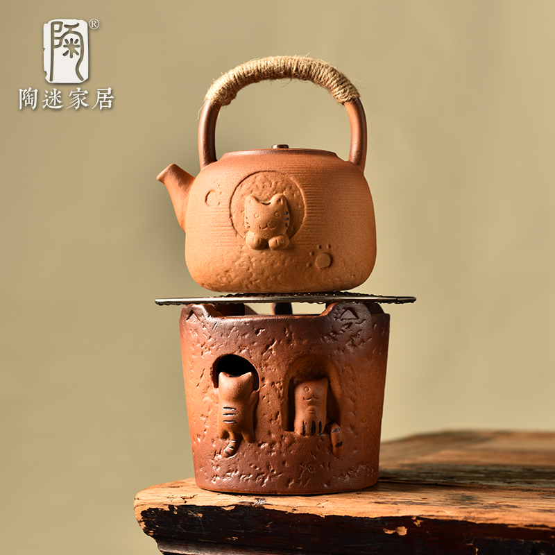 陶迷萌虎围炉煮茶套装粗陶炭炉烧水提梁壶全套铁架复古自在钩茶具