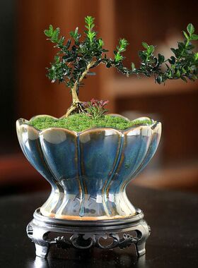窑变蓝星河六角悬崖花盆陶瓷家用