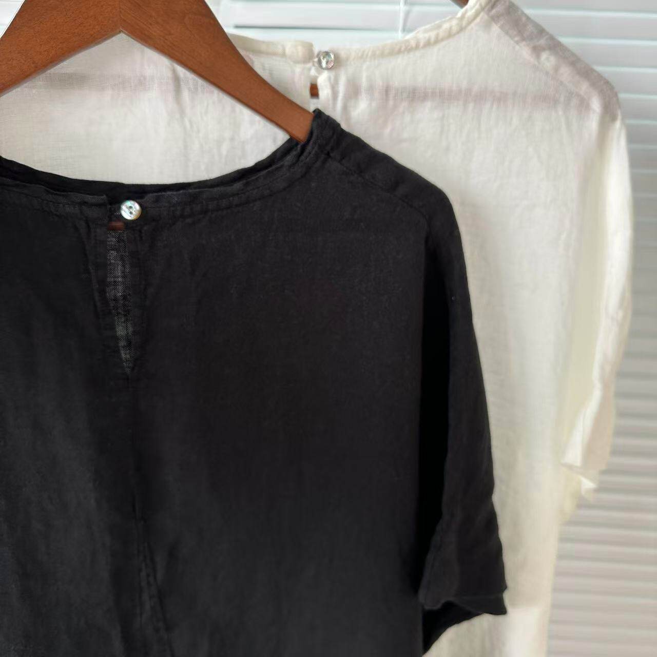 夏季舒适简约蝙蝠袖宽版纯色百搭麻质圆领短袖套头T恤（25052201