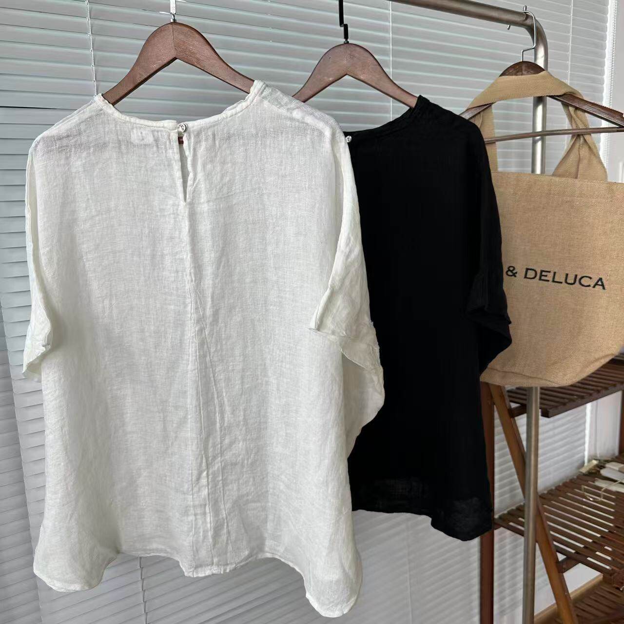 夏季舒适简约蝙蝠袖宽版纯色百搭麻质圆领短袖套头T恤（25052201