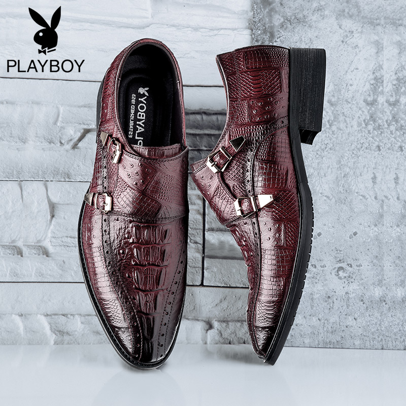 playboy崇冠专卖店花花公子男鞋春季透气英伦孟克商务皮鞋男士真皮压花纹休闲鞋子男3