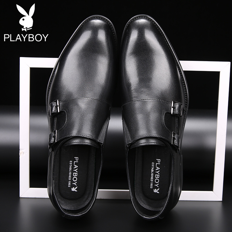playboy崇冠专卖店花花公子男鞋春季休闲皮鞋男商务正装韩版百搭潮僧侣套脚孟克鞋男3