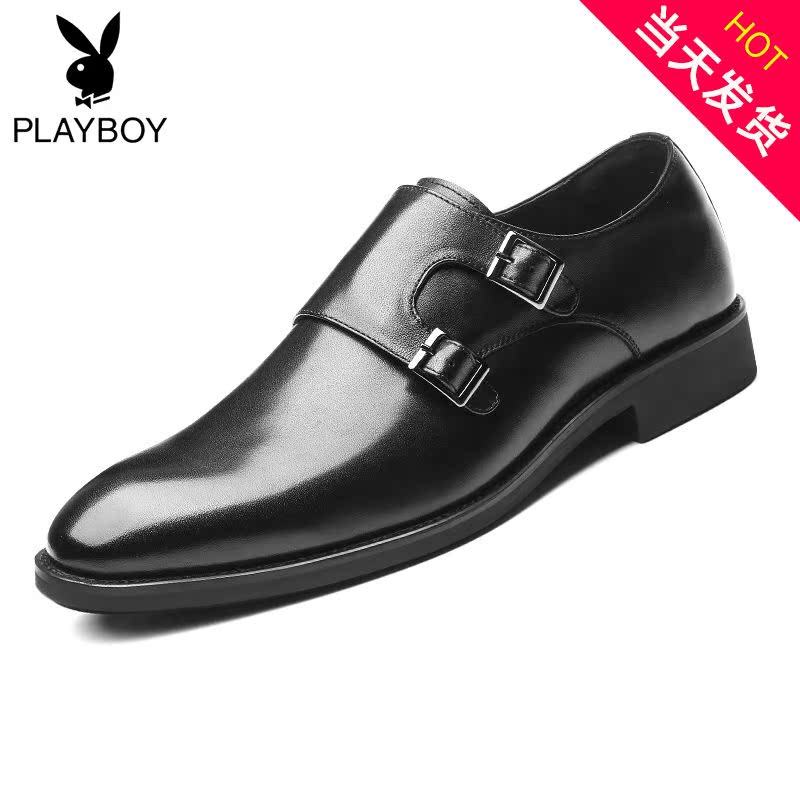 playboy崇冠专卖店花花公子男鞋春季休闲皮鞋男商务正装韩版百搭潮僧侣套脚孟克鞋男0