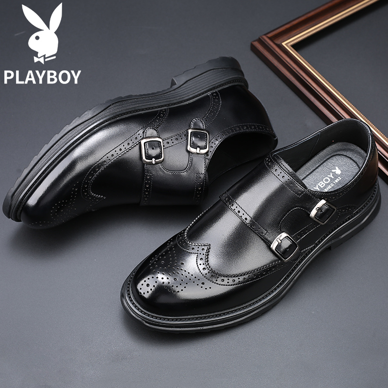 playboy崇冠专卖店花花公子男鞋秋季布洛克皮鞋男商务正装休闲男士真皮潮流孟克鞋软1