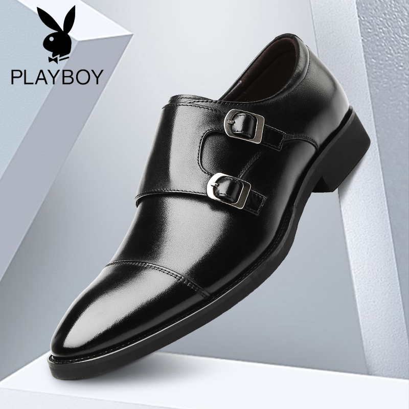 playboy崇冠专卖店花花公子男鞋春季英伦商务正装孟克皮鞋男真皮尖头韩版三接头潮鞋1
