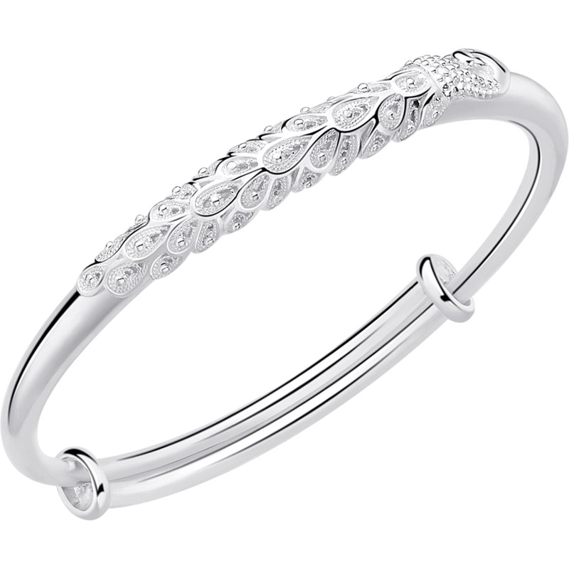 百年宝诚银手镯女纯银孔雀花丝手环 百年宝诚手镯