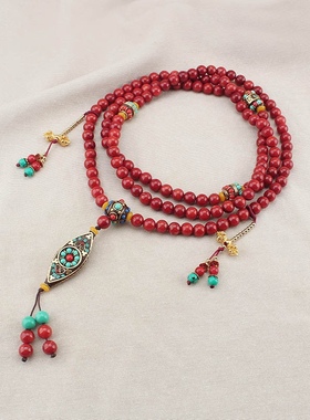 新中式本命年红色朱砂珠长款斜挎项链民族风流苏背背链多圈挂链女