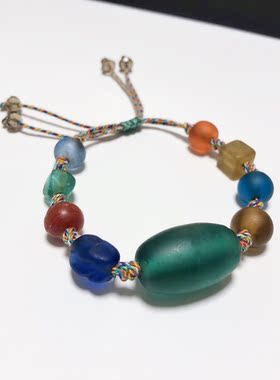 S1382# 手工尼泊尔老琉璃珠手链 顶珠25*14.5mm